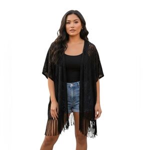 Olive Tree Black Fringe Kimono Cardigan | Boho Geometric Festival Wrap S/M
